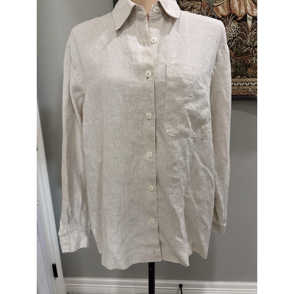 Liz Claiborne Lizsport Shirt Womens Mediumβ Beige Linen Button Front Long Sleeve